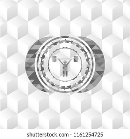 weightlifting icon inside grey emblem. Retro with geometric cube white background