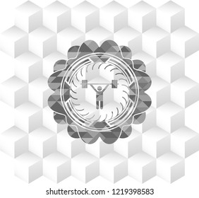 weightlifting icon inside grey emblem. Vintage with geometric cube white background