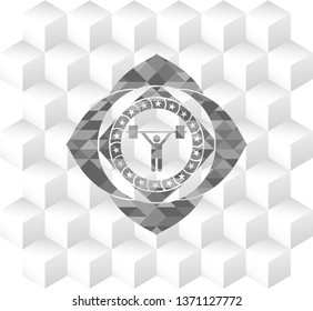 weightlifting icon inside grey emblem. Vintage with geometric cube white background