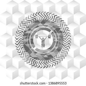 weightlifting icon inside grey emblem. Vintage with geometric cube white background