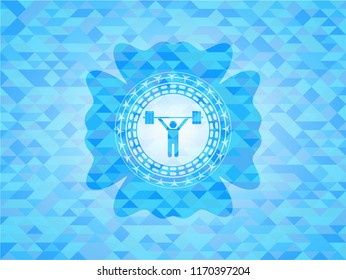 weightlifting icon inside light blue emblem. Mosaic background