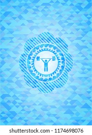 weightlifting icon inside light blue emblem with mosaic ecological style background