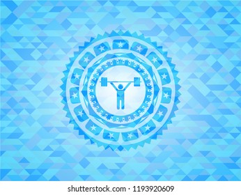 weightlifting icon inside light blue emblem with triangle mosaic background