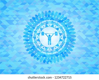 weightlifting icon inside light blue emblem. Mosaic background