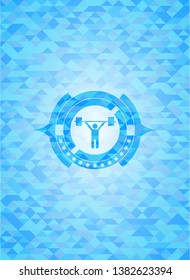 weightlifting icon inside light blue emblem with mosaic ecological style background