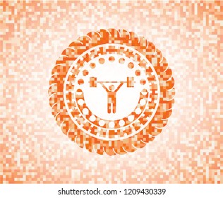 weightlifting icon inside orange mosaic emblem
