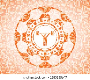 weightlifting icon inside orange mosaic emblem with background