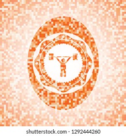 weightlifting icon inside orange mosaic emblem with background
