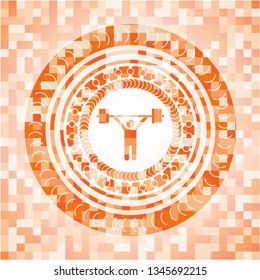 weightlifting icon inside orange mosaic emblem with background