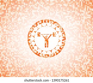 weightlifting icon inside orange mosaic emblem with background