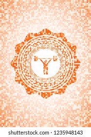 weightlifting icon inside orange tile background illustration. Square geometric mosaic seamless pattern with emblem inside.
