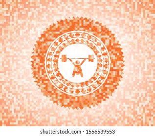 weightlifting icon inside orange tile background illustration. Square geometric mosaic seamless pattern with emblem inside.