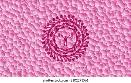 Gewichtungssymbol in rosafarbenem Emblem mit Blasenhintergrund. Vektorgrafik. Detaillierte Angaben. 