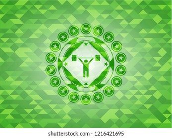 weightlifting icon inside realistic green emblem. Mosaic background