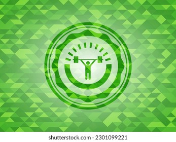 weightlifting icon inside realistic green emblem. Mosaic background. 