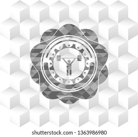 weightlifting icon inside realistic grey emblem with geometric cube white background