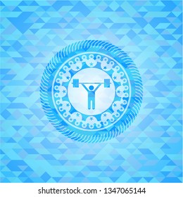 weightlifting icon inside realistic light blue mosaic emblem