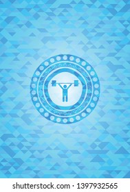 weightlifting icon inside realistic light blue mosaic emblem
