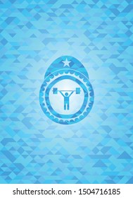 weightlifting icon inside realistic light blue emblem. Mosaic background