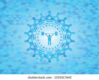 weightlifting icon inside realistic light blue mosaic emblem