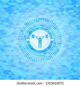 weightlifting icon inside realistic sky blue emblem. Mosaic background