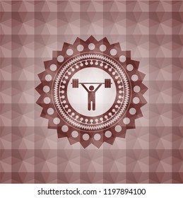 weightlifting icon inside red emblem with geometric pattern. Seamless.