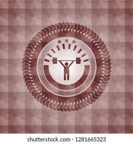 weightlifting icon inside red emblem with geometric pattern. Seamless.