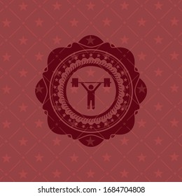weightlifting icon inside red emblem. Retro