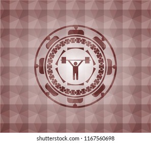 weightlifting icon inside red geometric badge. Seamless.