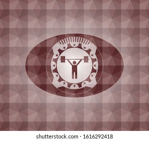 weightlifting icon inside red geometric badge. Seamless.