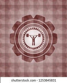 weightlifting icon inside red polygonal badge. Seamless.
