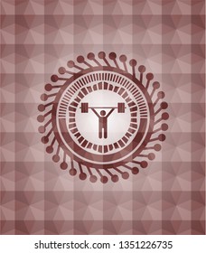 weightlifting icon inside red polygonal badge. Seamless.