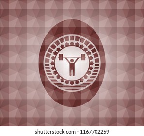 weightlifting icon inside red seamless emblem with geometric pattern.