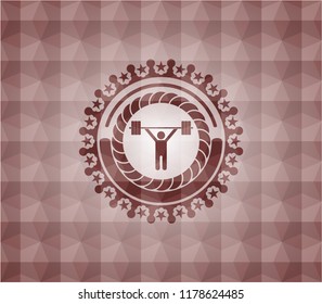 weightlifting icon inside red seamless emblem with geometric pattern background.
