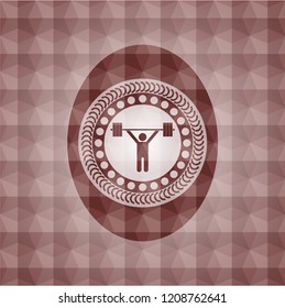 weightlifting icon inside red seamless badge with geometric pattern.