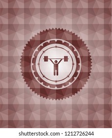 weightlifting icon inside red seamless emblem with geometric background.