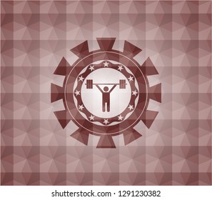 weightlifting icon inside red seamless geometric emblem.