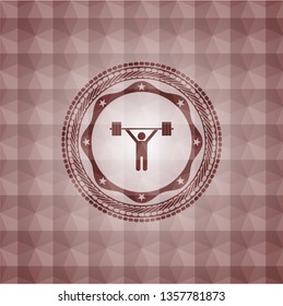 weightlifting icon inside red seamless emblem with geometric background.