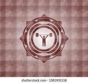 weightlifting icon inside red seamless emblem or badge with abstract geometric pattern background.