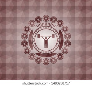 weightlifting icon inside red seamless geometric pattern emblem. Seamless.