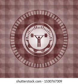 weightlifting icon inside red seamless badge with geometric pattern background.