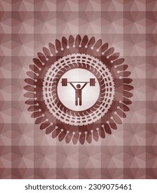 weightlifting icon inside red seamless emblem with geometric pattern background. 