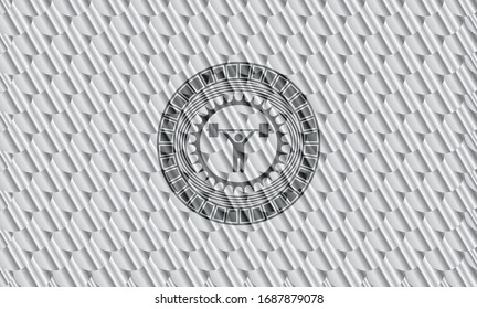 weightlifting icon inside silver color emblem. Scales pattern. Vector Illustration. Detailed.