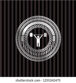 weightlifting icon inside silvery shiny emblem