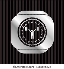 weightlifting icon inside silvery shiny emblem