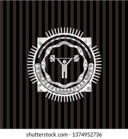 weightlifting icon inside silvery shiny emblem