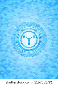 weightlifting icon inside sky blue emblem with mosaic ecological style background