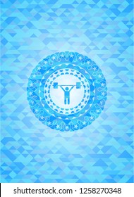 weightlifting icon inside sky blue mosaic emblem