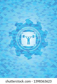 weightlifting icon inside sky blue emblem. Mosaic background