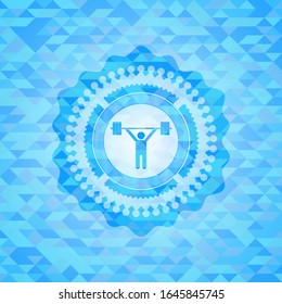 weightlifting icon inside sky blue emblem. Mosaic background